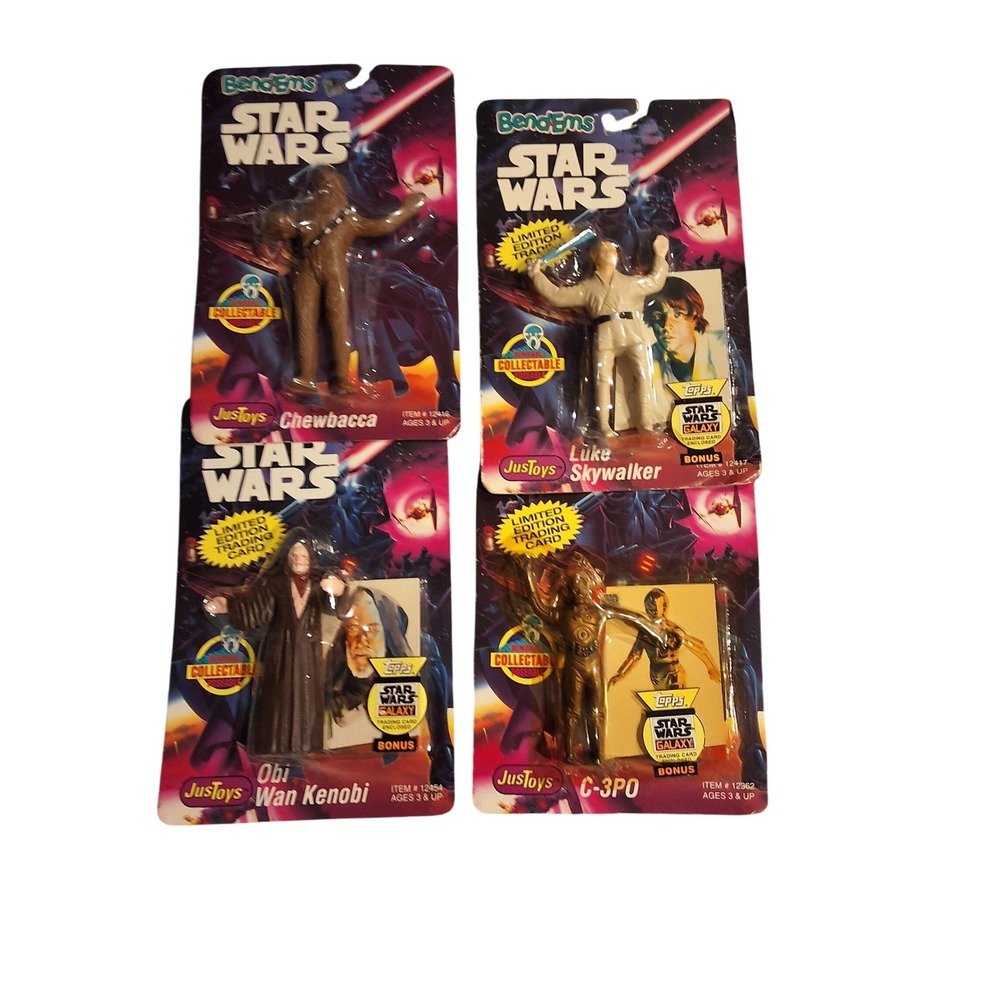 4 Vintage Star Wars Bend-Ems – Luke, C-3PO, Obi-Wan w/ Cards + Chewbacca (1993)